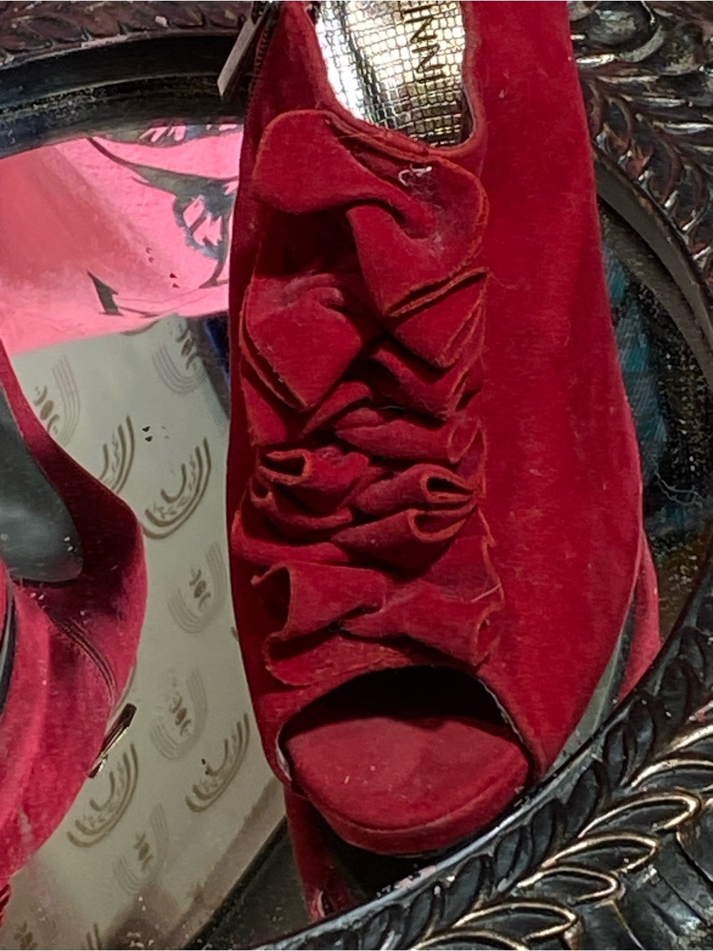 Women’s Red Suede Ruffle Peep-Toe High Heel Booties - Picture 3 of 15